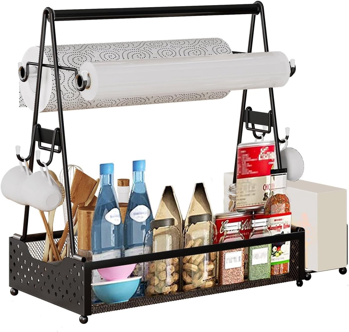 Grill Caddy voor BBQ: Met Papieren Handdoekhouder en 4 Haakjes, Ideaal voor Camping en Buitenkeuken Organisatie