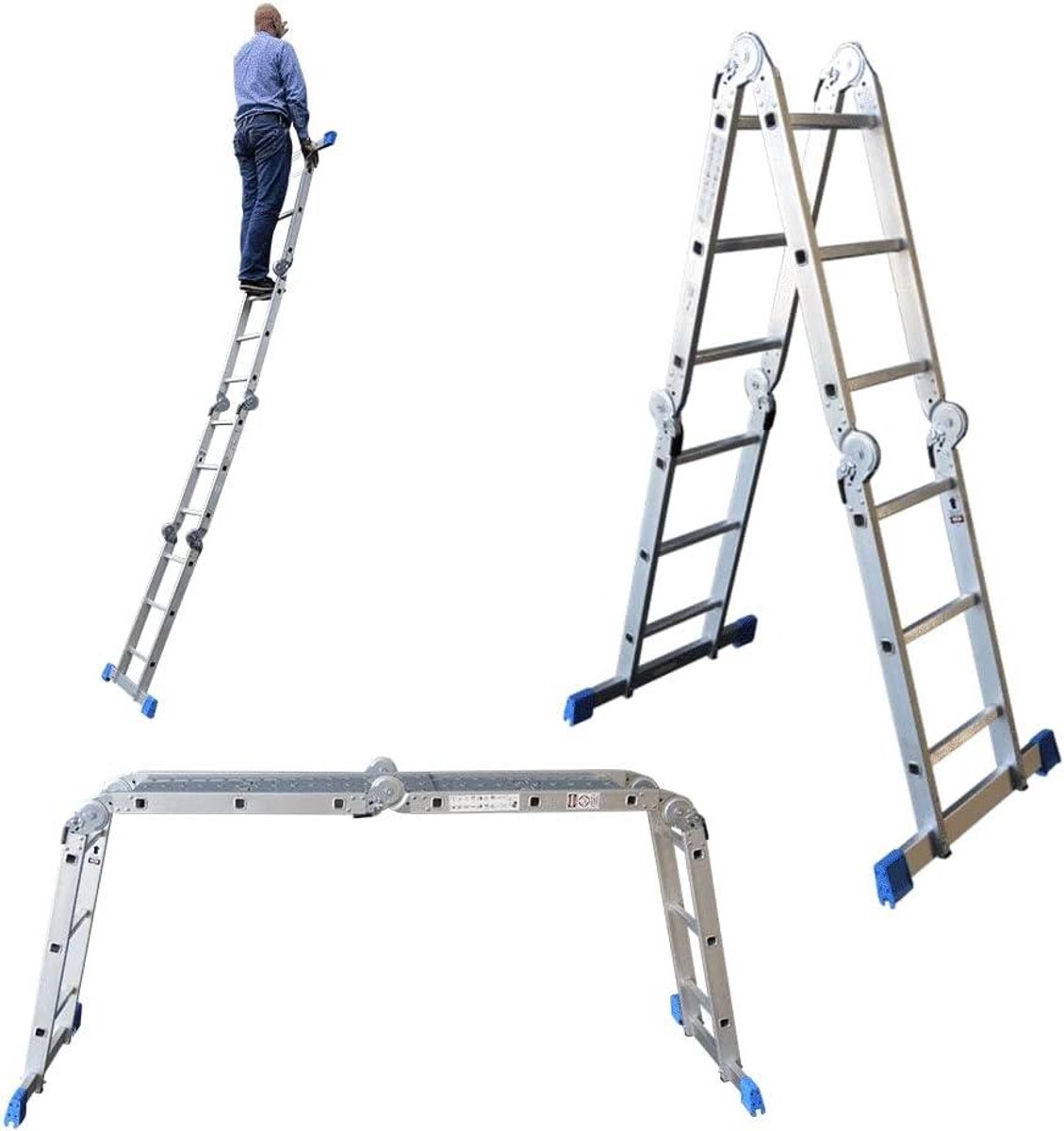 Multifunctionele Vouwladder - Steiger Trap - Veelzijdig Klussen - Aluminium Kwaliteit - Werkhoogte 4.5m - Zilver