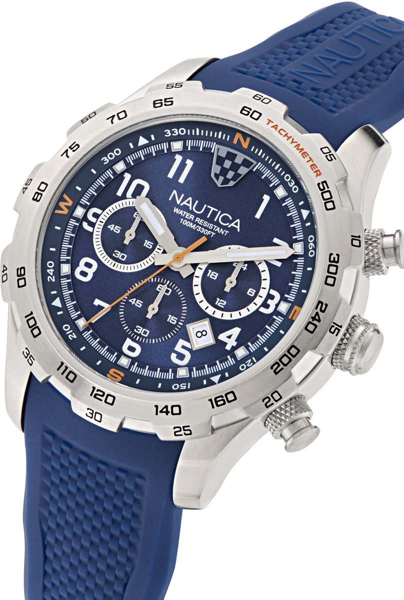 Nautica Nst Quartz Analoog Horloge Blauw Kast Gemaakt Van 100% Roestvrij Staal En Een Bandje Van 100% Siliconen 46 NAPNSS602
