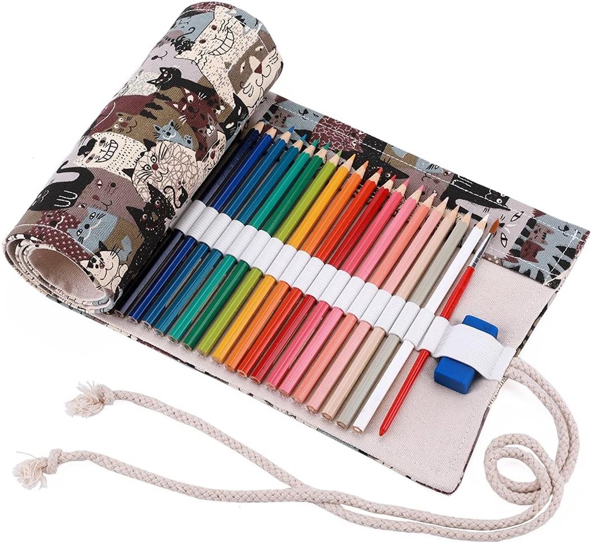 Handroll Tas voor 36 Kleurpotloden, Draagbare Organizer voor Kunstpotloden, Stof Pennentas met Ruimte voor Kleurpotloden