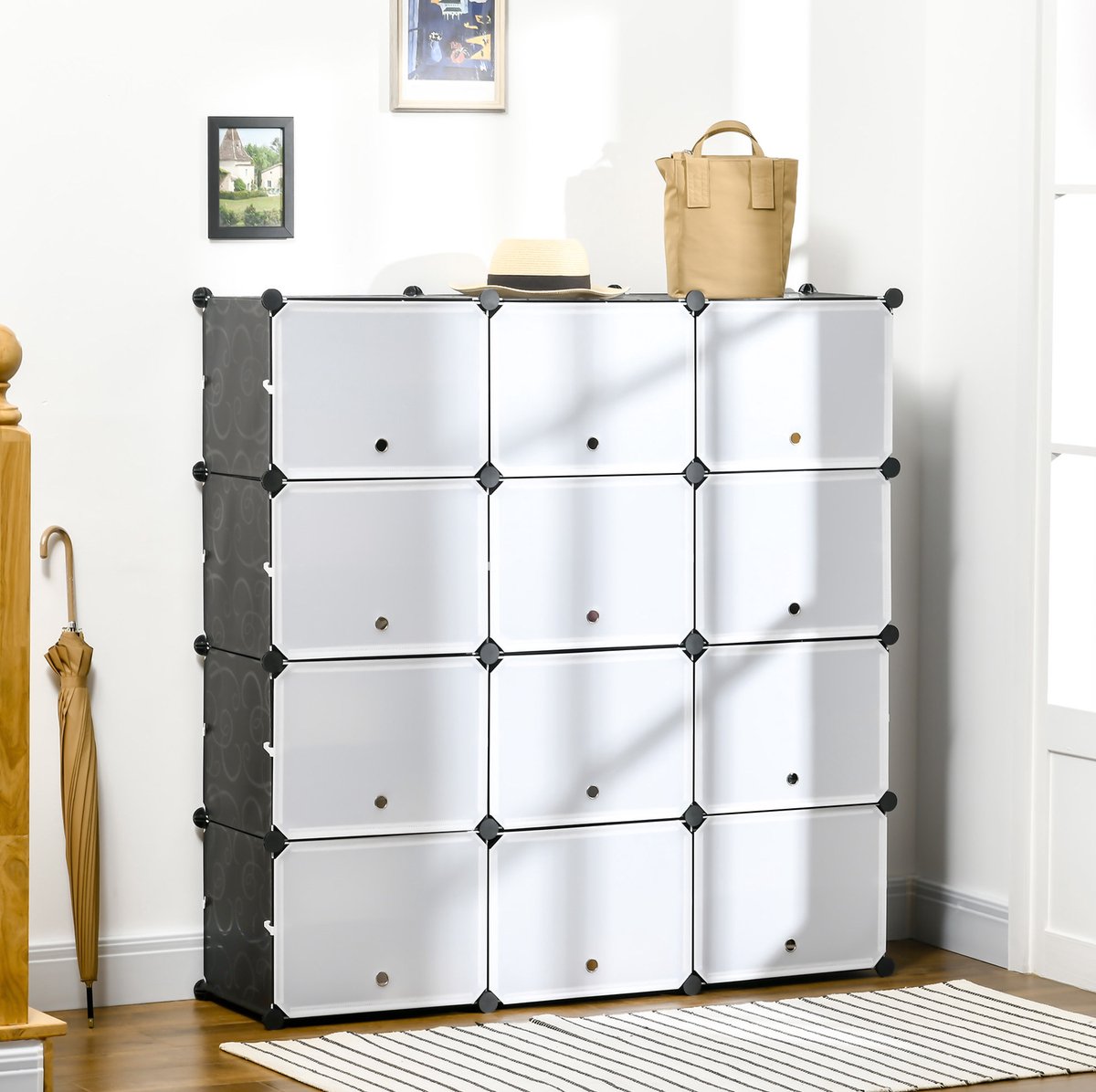 REDOM - Schoenenkast - Modulair - 12 vakken - Staand rek - Met kleppen - Kunststof - Zwart - Wit - 125 x 32 x 125 cm