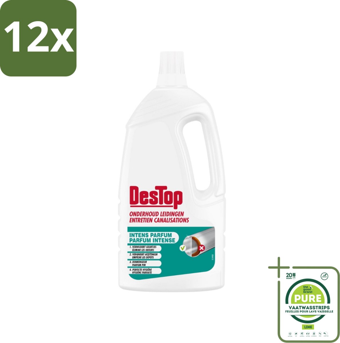 DesTop - Onderhoud Leidingen - Frisse Dennen geur - 4-in-1 Werking - 1,5L - Voordeelverpakking - 12 stuks - Leidingen schoonmaken - Leidingen ontstoppen