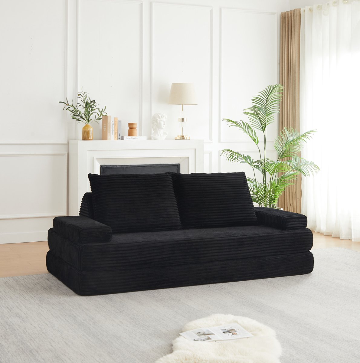 FloraGrace Modulaire Slaapbank – 2-Zits 211,5 cm – Verstelbare Armleuningen en Driehoekige Rugkussens – Woonkamer en Logeerkamer – Stof – Zwart