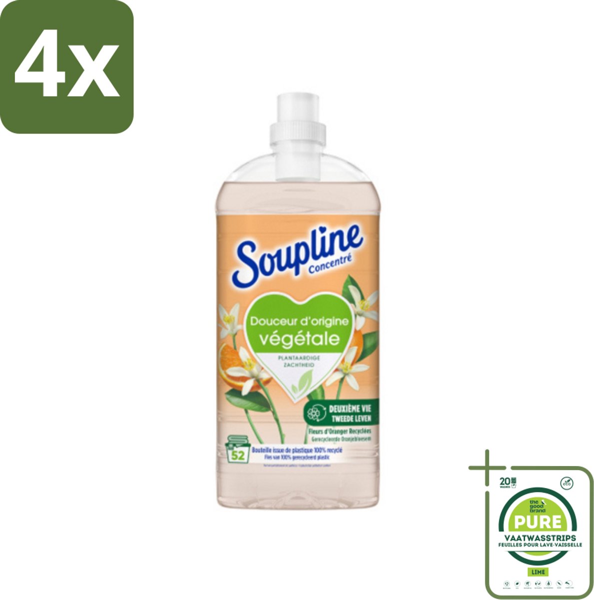 Soupline - Wasverzachter - Oranjebloesem - 52 Wasbeurten - 1.3L - Voordeelverpakking - 4 stuks - Wasverzachter - Plantaardige wasverzachter