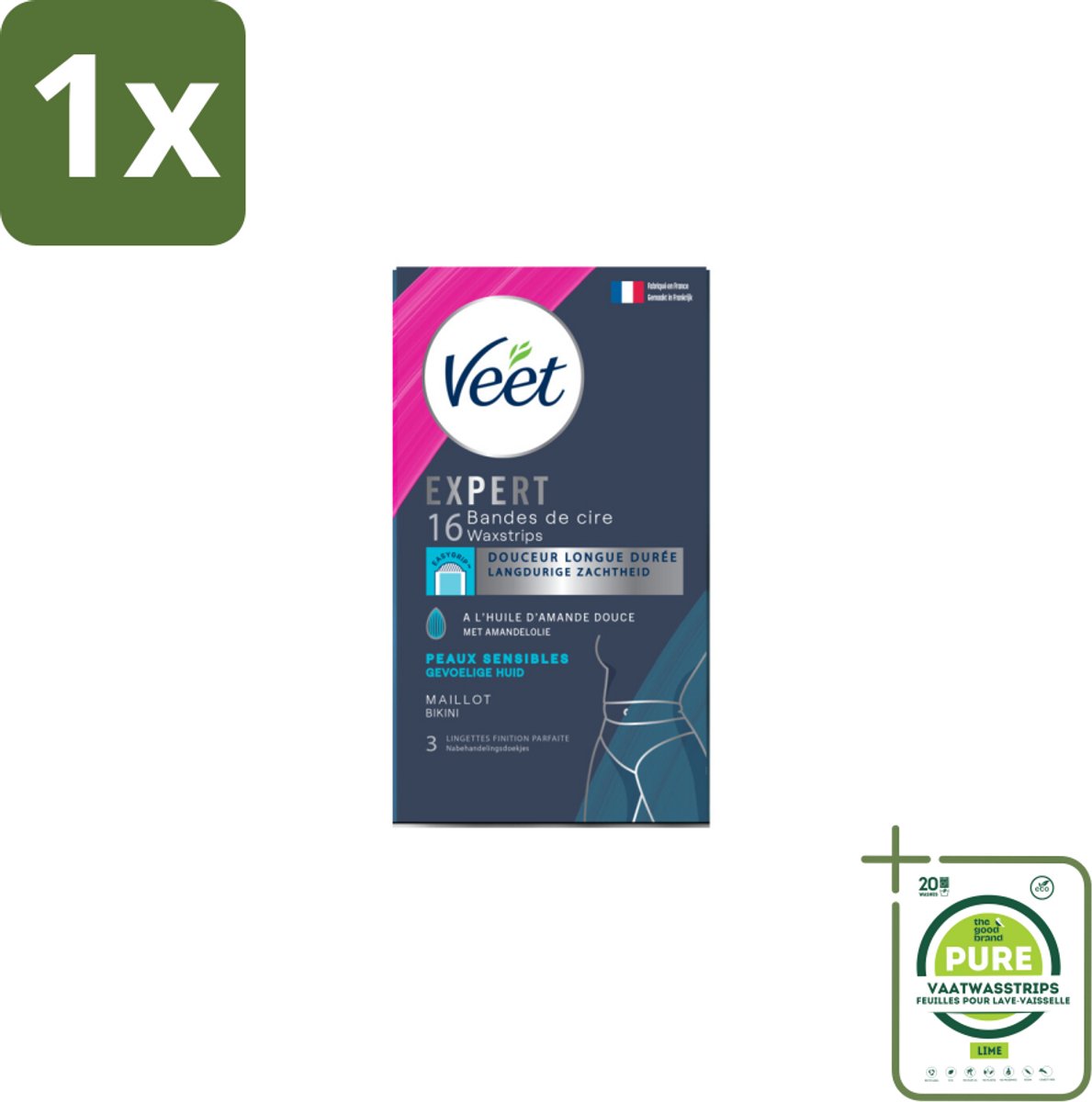 1 x Veet Expert Koude Waxstrips Bikini Sensitive 16 stuks per verpakking - Veet Ontharingsstrips - Bikinilijn Ontharen - Gevoelige Huid - Ontharingsstrips Oksels - Ontharen
