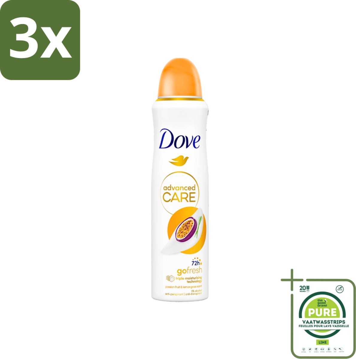 3 x Dove - Deospray - Passievrucht & Citroengras - 150 ml - Grootverpakking - Deodorant - Anti-transpirant - Passievrucht - Citroengras - Dove