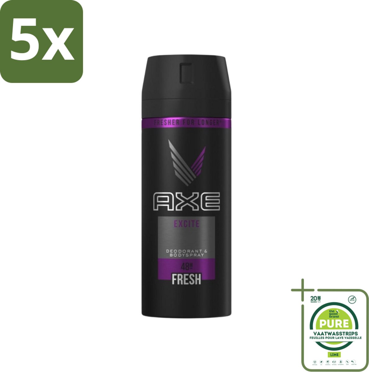 5 x Axe - Deodorant Bodyspray - 48hrs Fresh - Excite - 150 ml - Grootverpakking - Axe Deodorant - Deodorant Spray - 48 Uur Fris - Kokosnoot Geur - Zwarte Peper Geur