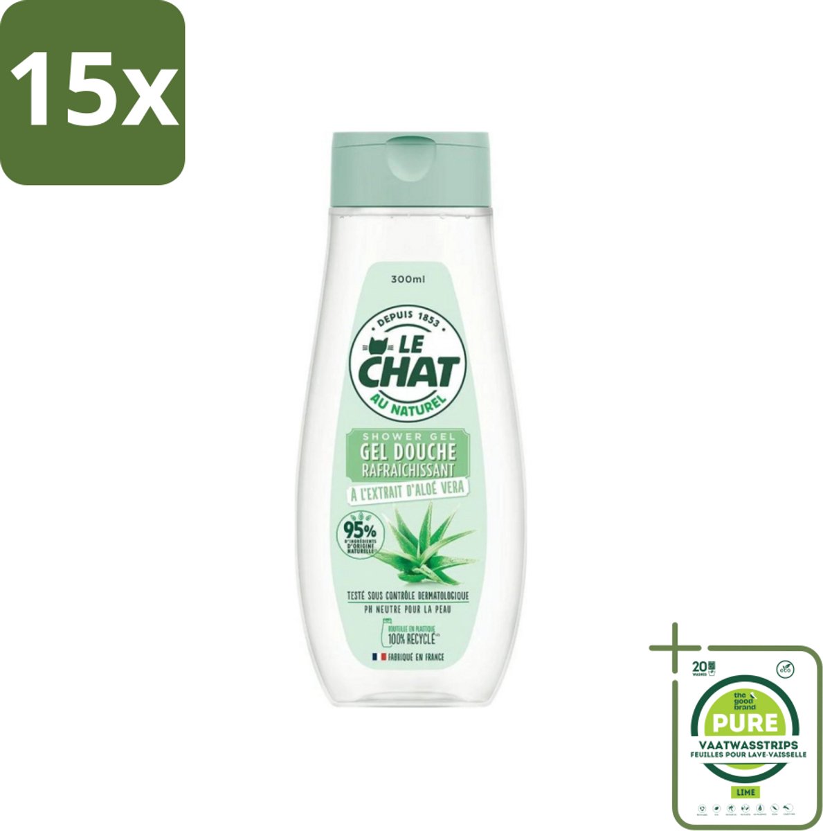 15 x Le Chat - Douchegel - PH Neutraal - Met Extract Van Aloë Vera - Verfrissend - 300 ml - Grootverpakking - Douchegel - Aloë Vera - PH Neutraal - Verfrissend - Huidverzorging