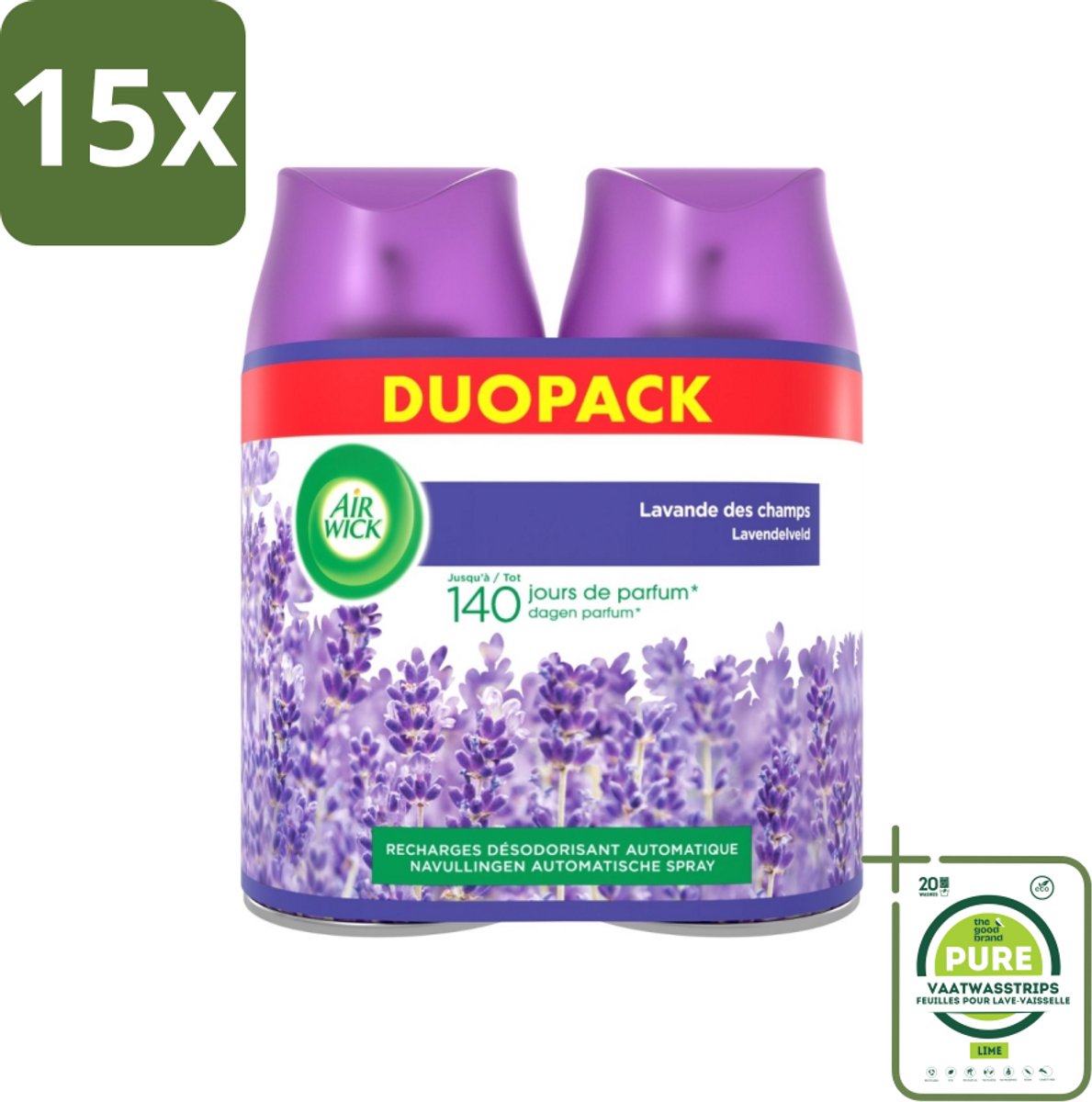 15 x Air Wick Freshmatic - Luchtverfrisser Navulling - Pure Fresh Lavendel - Bundel - 2x250ml - Grootverpakking - Luchtverfrisser - Lavendelgeur - Air Wick Freshmatic - Geurverspreider - Geurnavulling