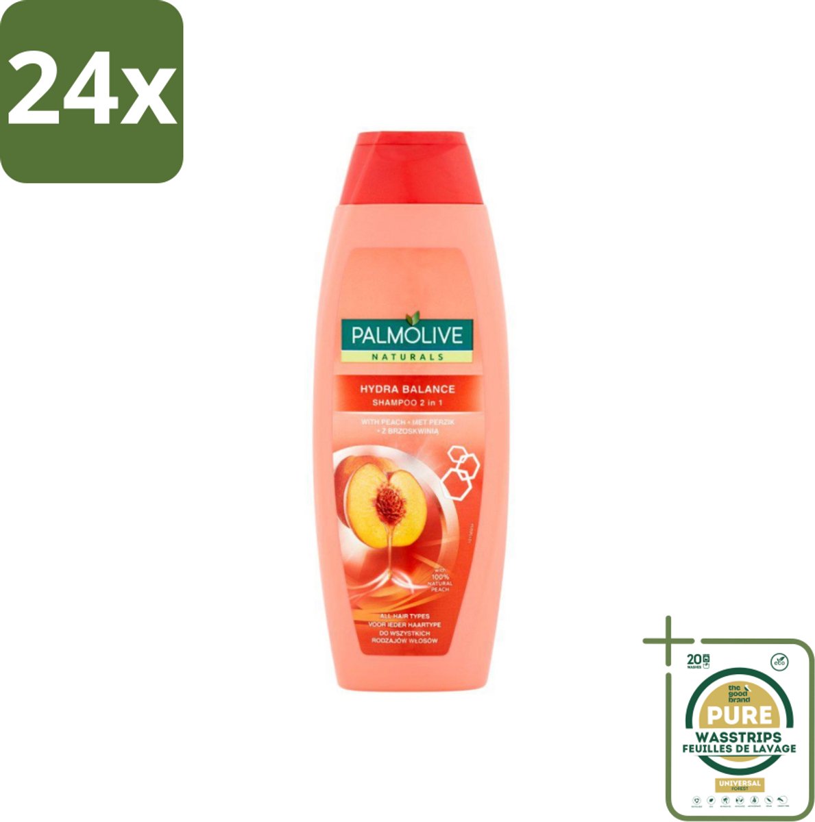 Palmolive - Naturals - 2in1 Shampoo - Perzik - Hydra Balance - 350 ml - Voordeelverpakking - 24 stuks - Hydraterende shampoo - Shampoo voor droog haar