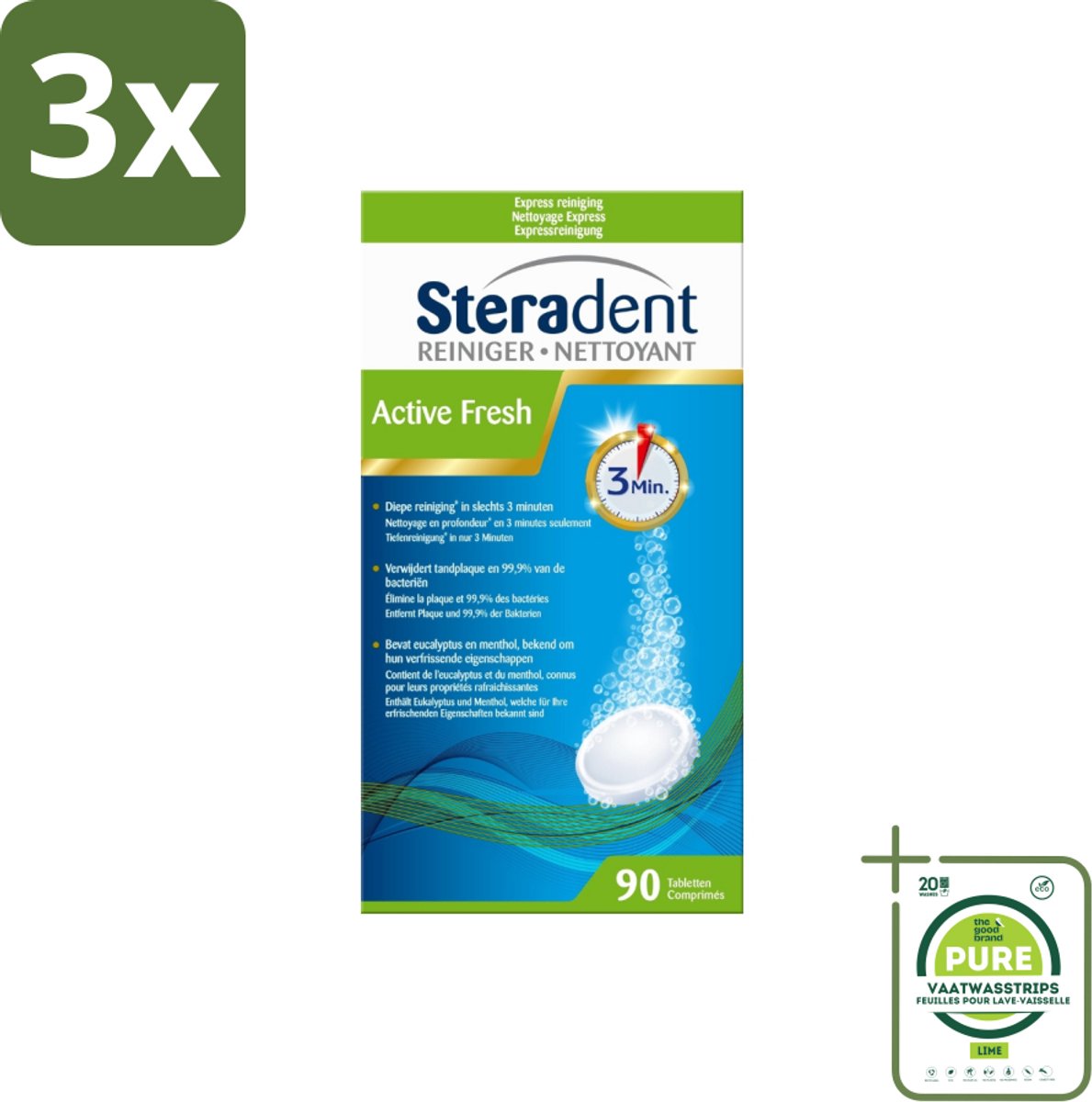 3 x Steradent - Kunstgebitreiniger - Active Fresh - Menthol En Eucalyptus - 90 Tabletten - Grootverpakking - Kunstgebit Reiniging - Kunstgebit Tabletten - Geurvrij Kunstgebit - Frisse Geur Kunstgebit - Tandplak Verwijderen Kunstgebit