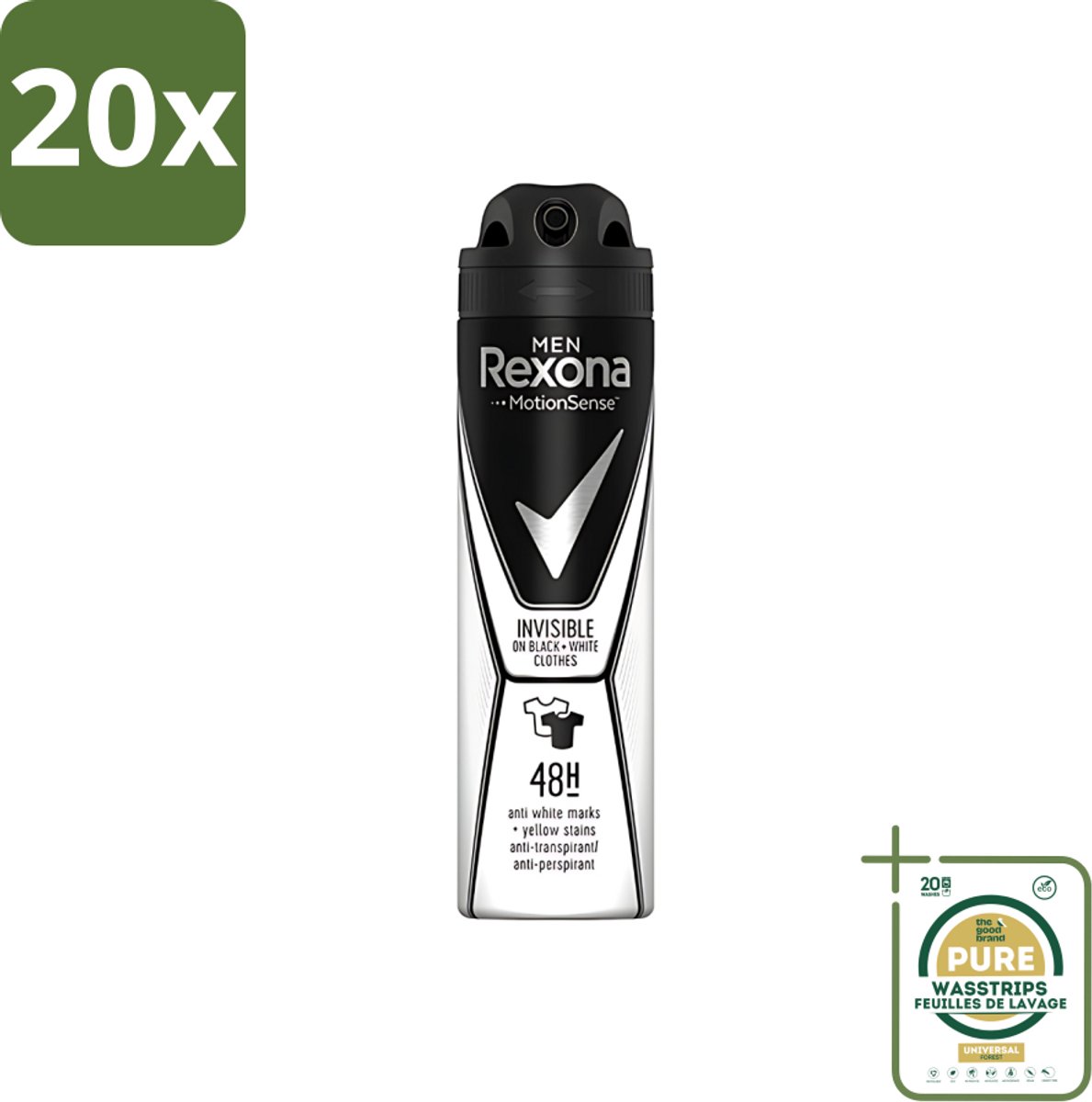 20 x Rexona Men - Deodorant Spray - Motion Sense - Invisible Black & White - Anti-Transpirant & Perspirant - 150ml - Grootverpakking - Deodorant Spray - Anti-transpirant - Witte Strepen - Gele Vlekken - Beschermd Tegen Transpiratie
