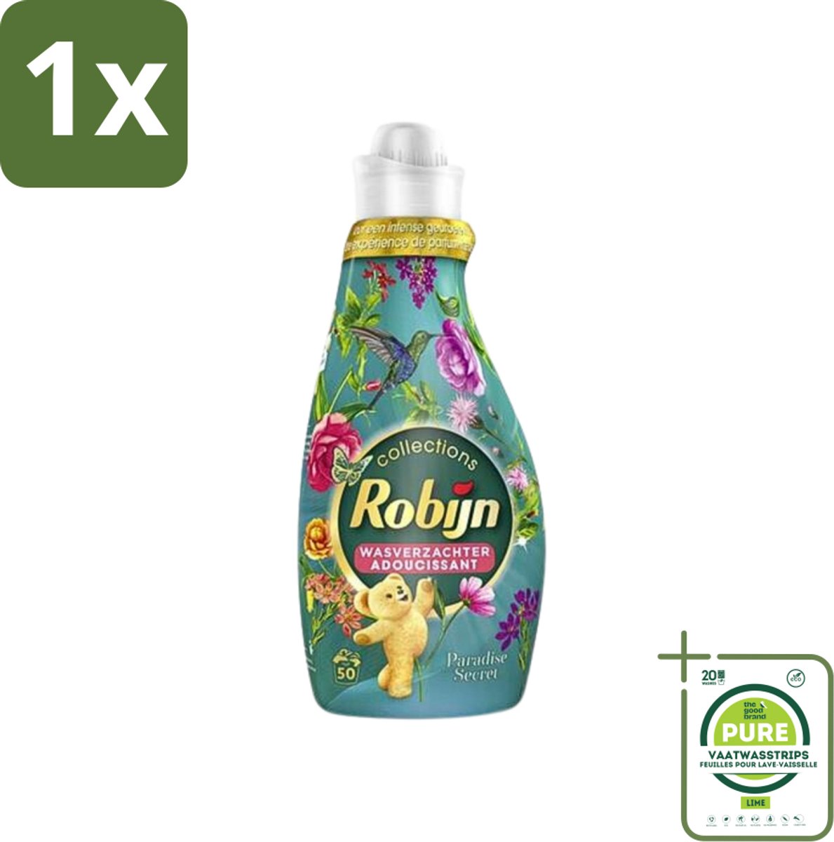 1 x Robijn Collections - Wasverzachter - Paradise Secret - 1,25L - 50 Wasbeurten - Wasverzachter - Wasparfum - Zijdezacht - Luxe Was - Botanische Wasverzachter