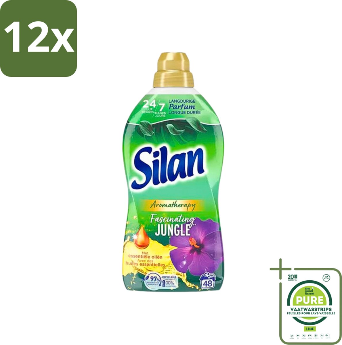 Silan Aromatherapy - Wasverzachter - Fascinating Jungle - Essentiële Oliën en Langdurige Parfum - 48 Wasbeurten - 1.056L - Voordeelverpakking - 12 stuks - Wasverzachter - Geur