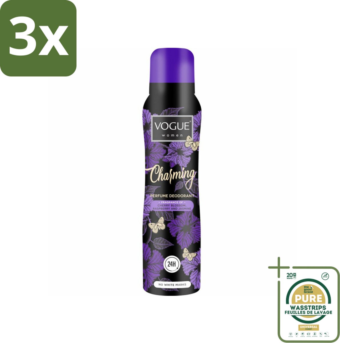 3 x Vogue Charming Parfum Deodorant 150 ml - Grootverpakking - Parfum Deodorant - Geur - 24 Uur Bescherming - Zweet Bescherming - Japanse Kersenbloesem