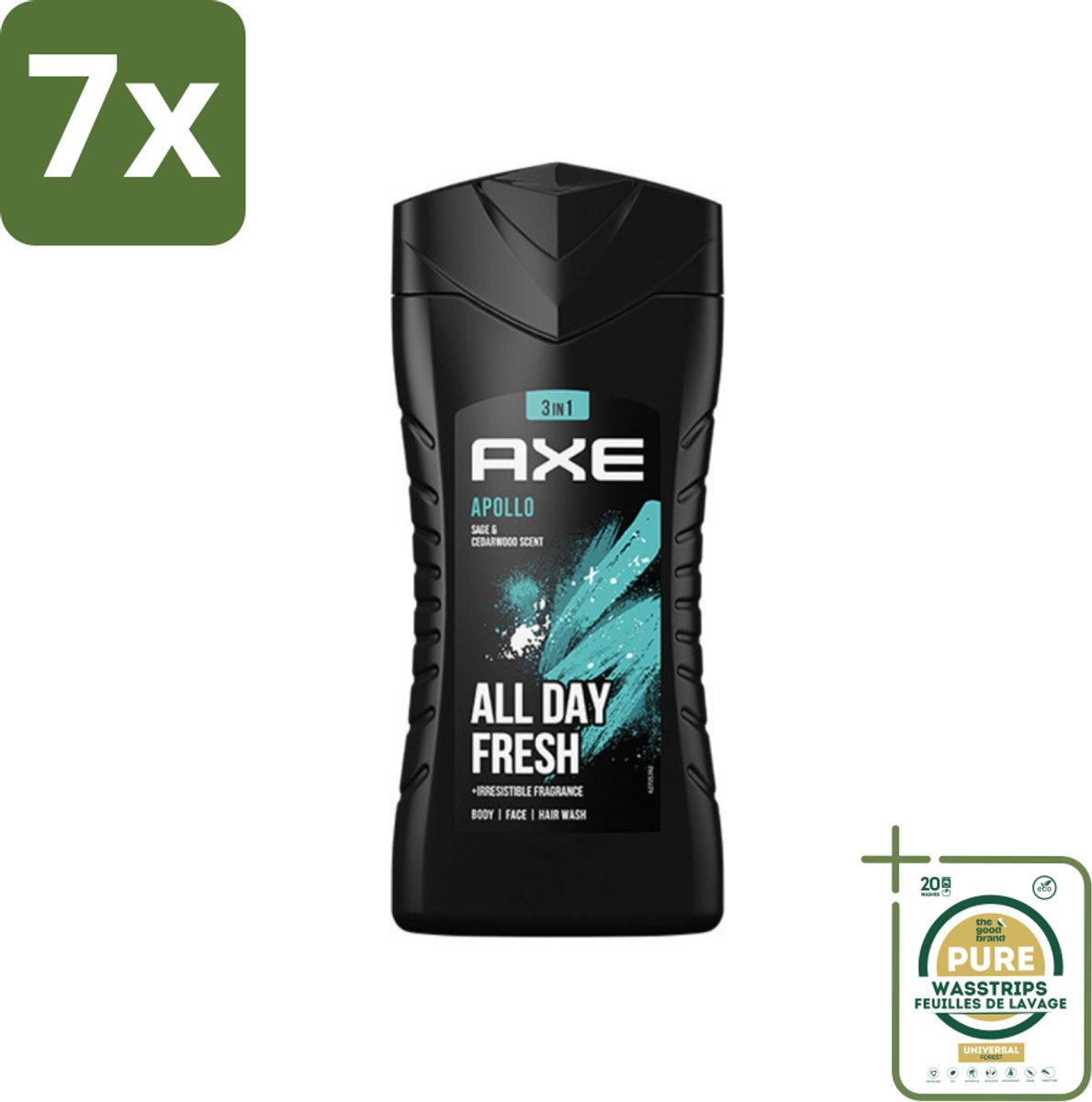 7 x Axe - 3-in-1 Douchegel - Apollo - Sage & Cedarwood - 250 ml - Grootverpakking - Douchegel - Mannelijke Geur - 3-in-1 - Lichaam En Gezicht - Gezicht En Haar