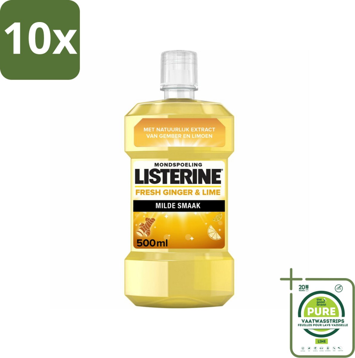 10 x Listerine - Mondwater - Fresh Ginger & Lime - 500 ml - Grootverpakking - Mondspoeling - Gember En Limoen - Tandplak - Bacteriën - Fluoride