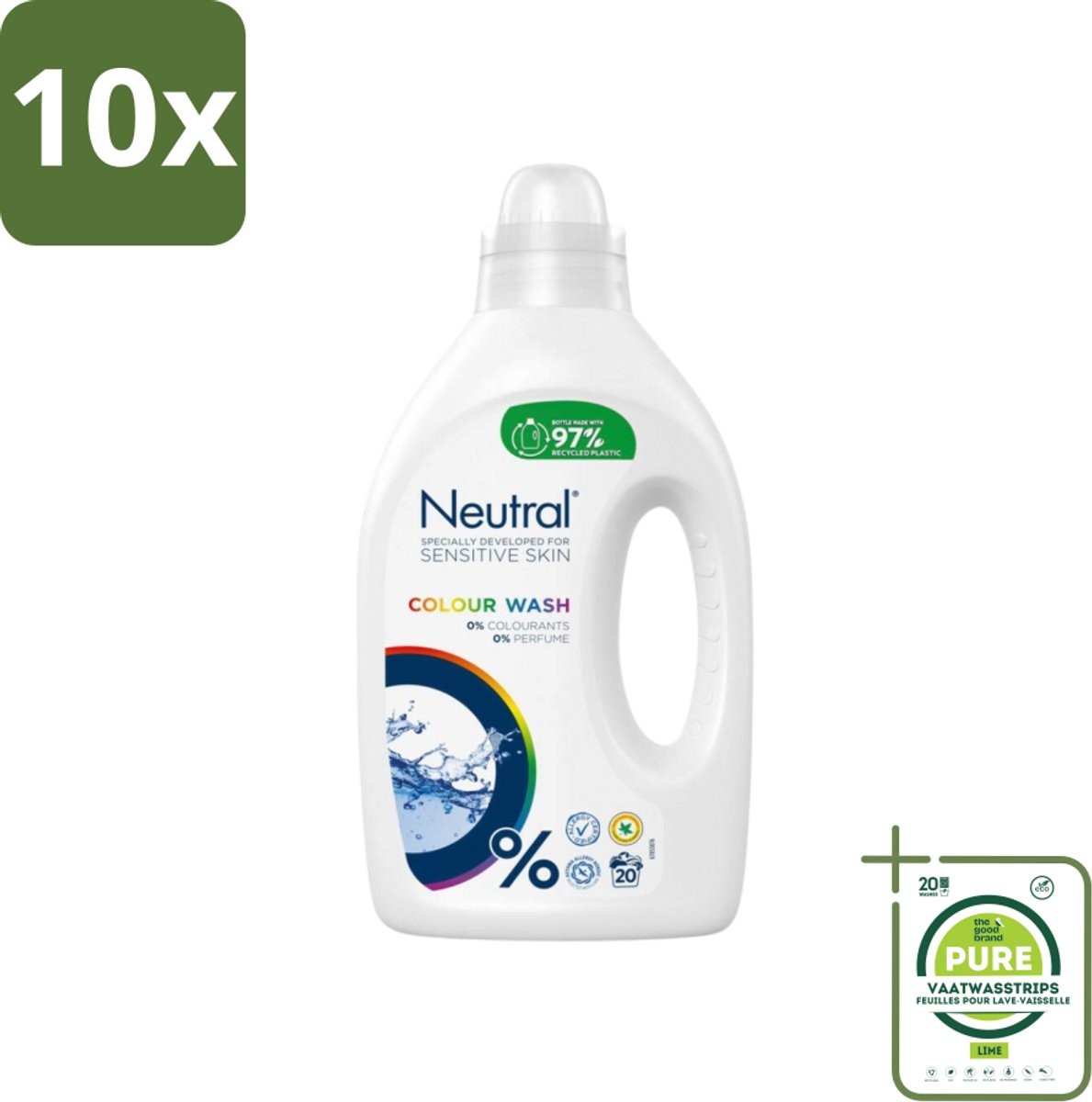 10 x Neutral Vloeibaar Wasmiddel Kleur 20 Wasbeurten 1 liter - Grootverpakking - Gekleurde Was - Wasmiddel - Wasmiddel Zonder Parfum - Wasmiddel Zonder Kleurstof - Hypoallergeen Wasmiddel