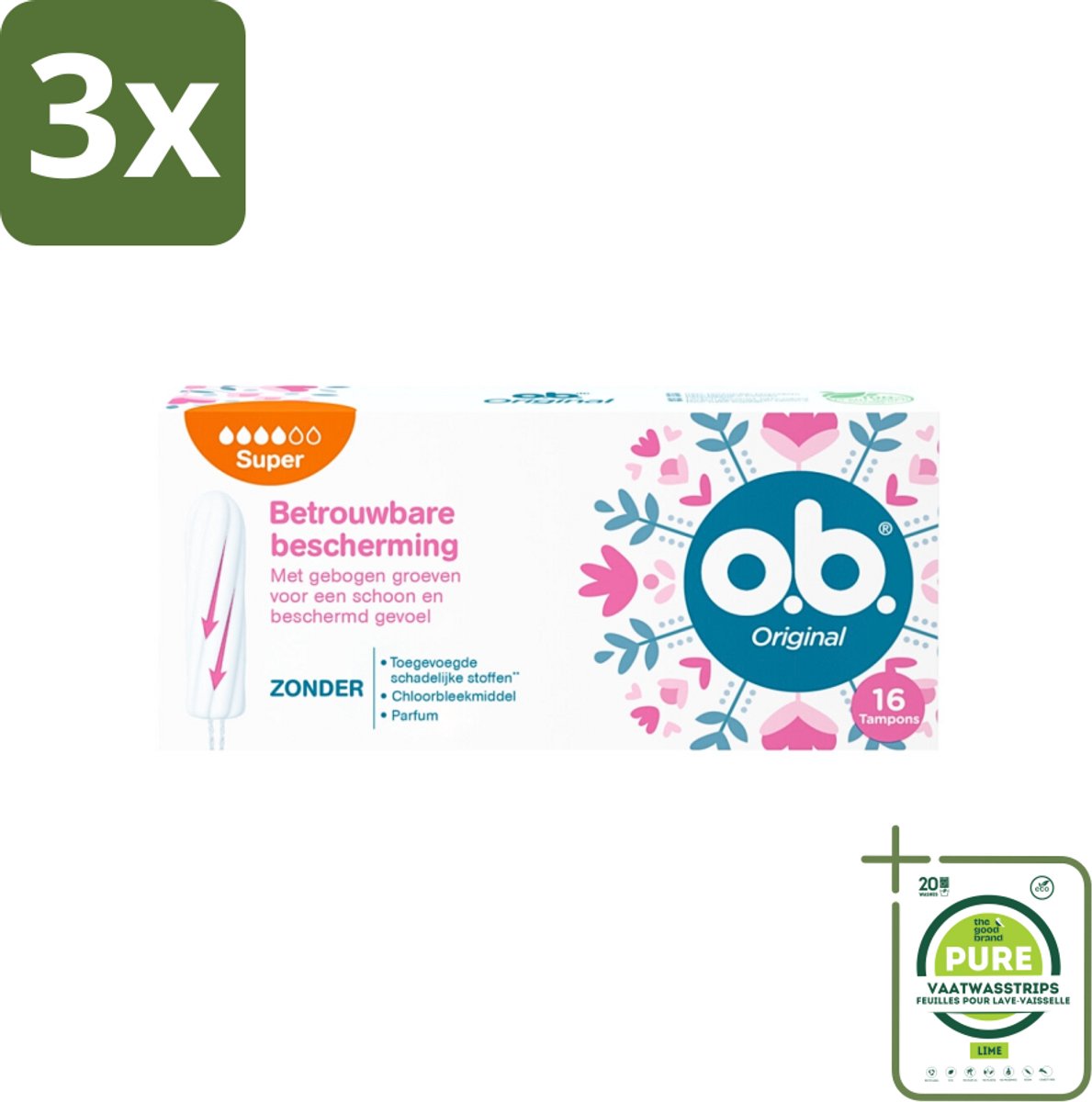 3 x o.b. Tampons - Original Super - Gebogen Groeven - Voor Betrouwbare Bescherming - 16 Tampons - Grootverpakking - Tampons - Menstruatiebescherming - Gebogen Groeven - StayDry - Plantaardige Kern