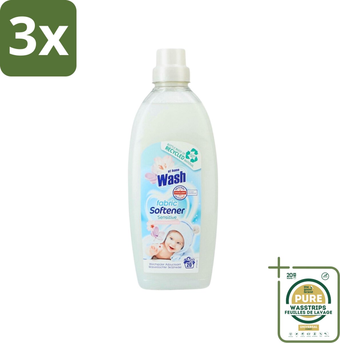 3 x At Home - Wash - Wasverzachter - Sensitive - 20 Wasbeurten - Grootverpakking - Wasverzachter - Wasverzachter Sensitive - Wasverzachter Voor Kleding - Wasverzachter Voor Alle Stoffen - Wasverzachter Voor Katoen
