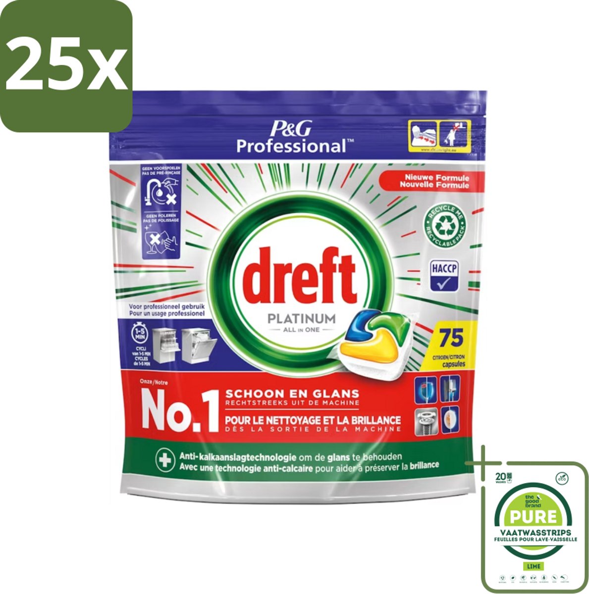 25 x Dreft Professional - Platinum All In One - Vaatwascapsules - Citroen - Antikalkaanslag - 75 Capsules - Grootverpakking - Vaatwassen - Vaatwasser - Vaatwasmiddel - Kalkaanslag - Reinigingsmiddel