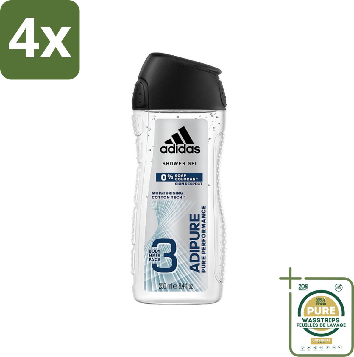 Adidas - 3-in-1 Douchegel - Adipure Pure Performance - Huidvriendelijk - 0% Zeep Kleurstof - 250 ml - Voordeelverpakking - 4 stuks - Huidvriendelijk - Lichaam en haar verzorging