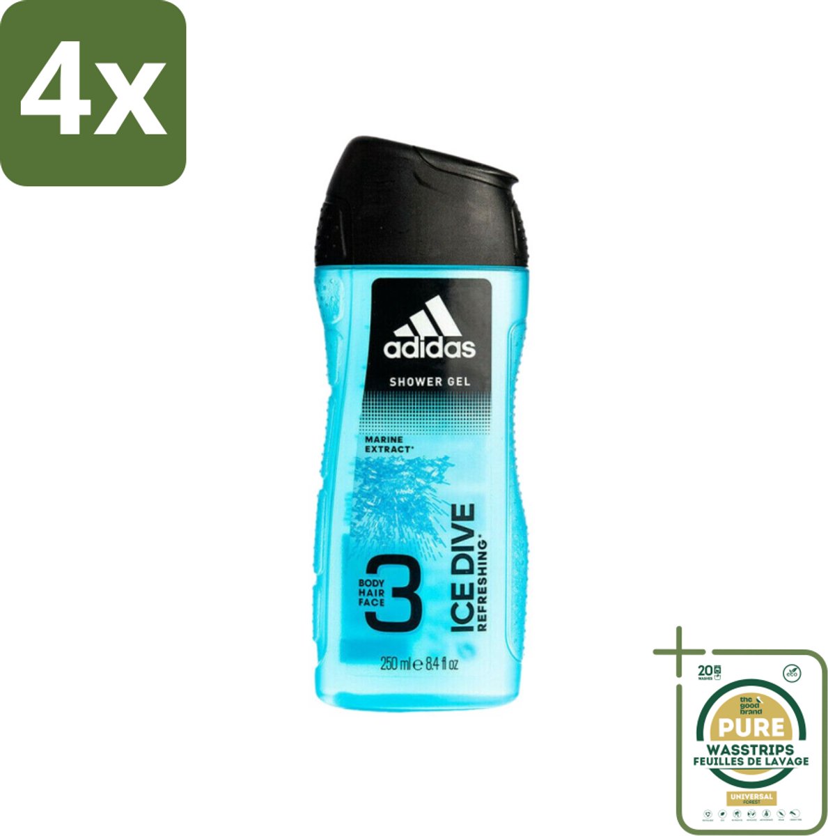 Adidas - 3-in-1 Douchegel - Ice Dive Refreshing - Marine Extract - 250 ml - Voordeelverpakking - 4 stuks - 2-in-1 - Lichaam en haar