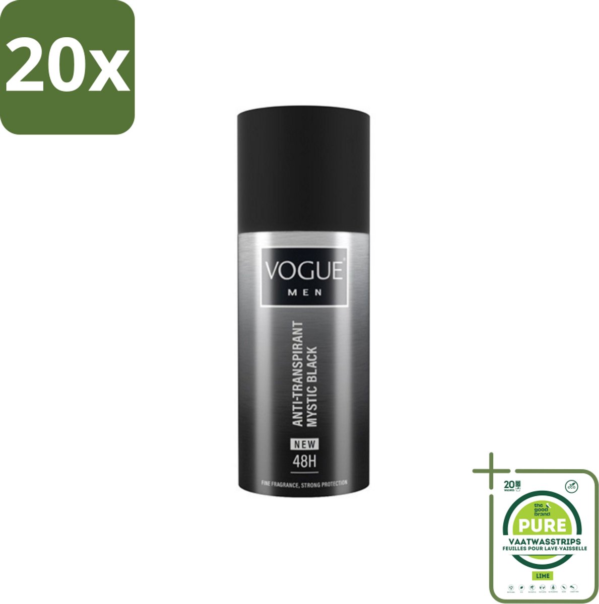 20 x Vogue Men - Mystic Black - Deodorant Spray - Anti-transpirant - 150 ml - Grootverpakking - Deodorant Spray - Anti-transpirant - 48 Uur Bescherming - Geur - Patchouli