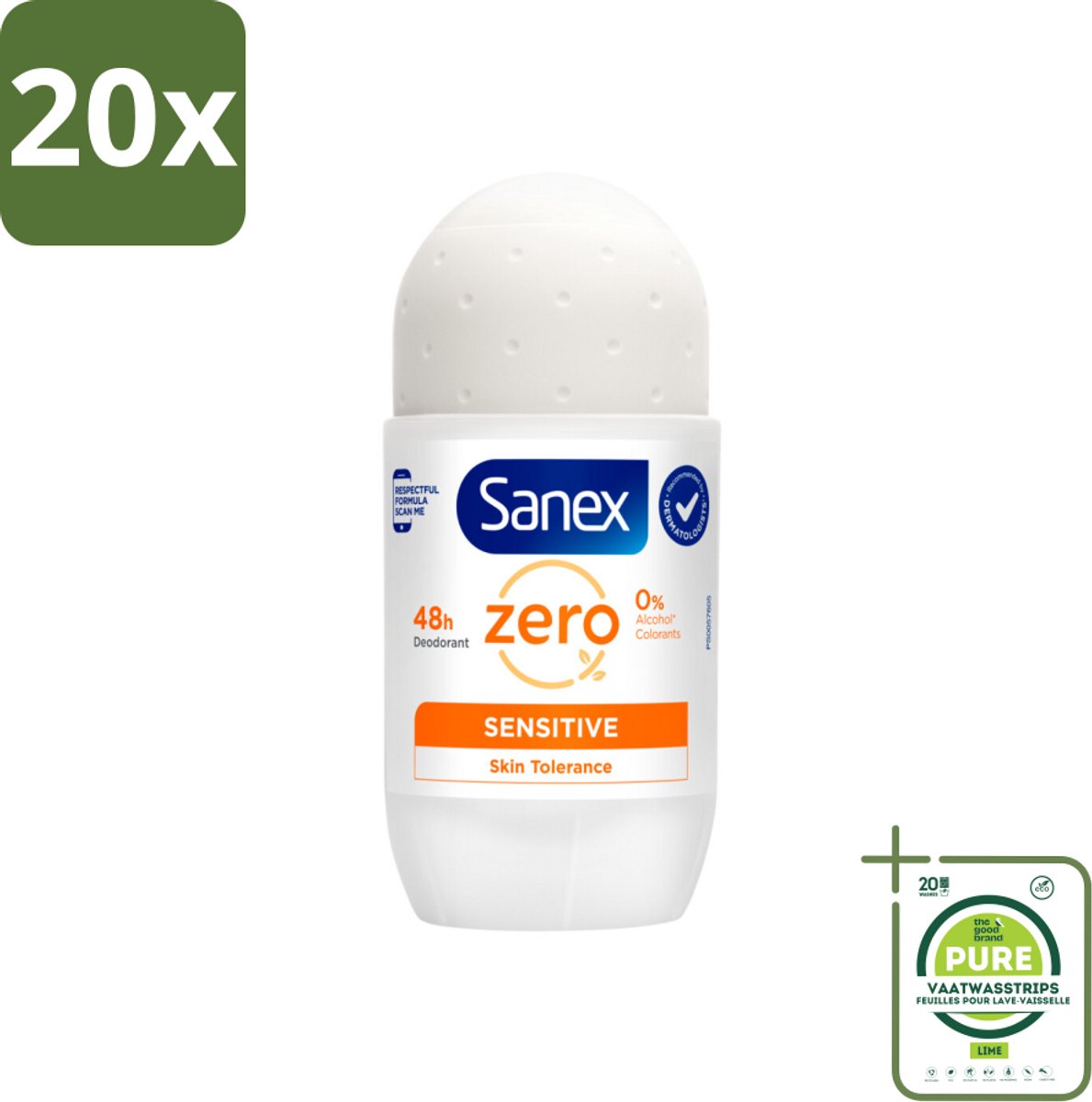 20 x Sanex Deodorant Roller Zero% Sensitive Skin 50 ml - Grootverpakking - Sanex Deodorant Zero% Sensitive - Alcoholvrije Deodorant - Parabenenvrije Deodorant - Gevoelige Huid - Milde Deodorant