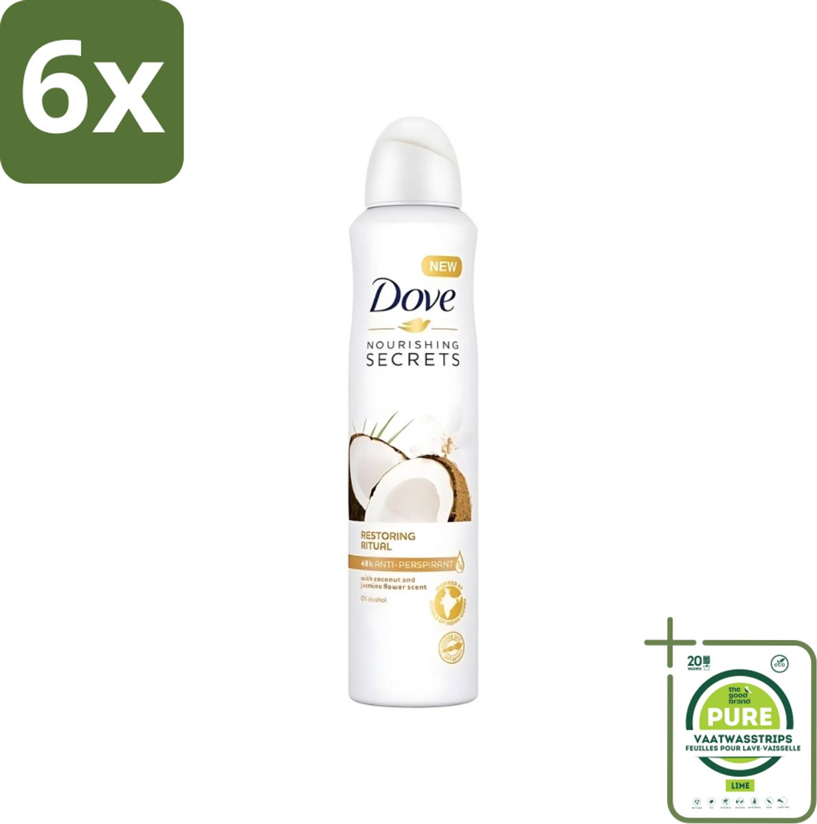 Dove - Deodorant - Coconut & Jasmine Flower - Tropisch en verzorgend - 250 ml - Voordeelverpakking - 6 stuks - Dove deodorant spray - Kokos en jasmijn