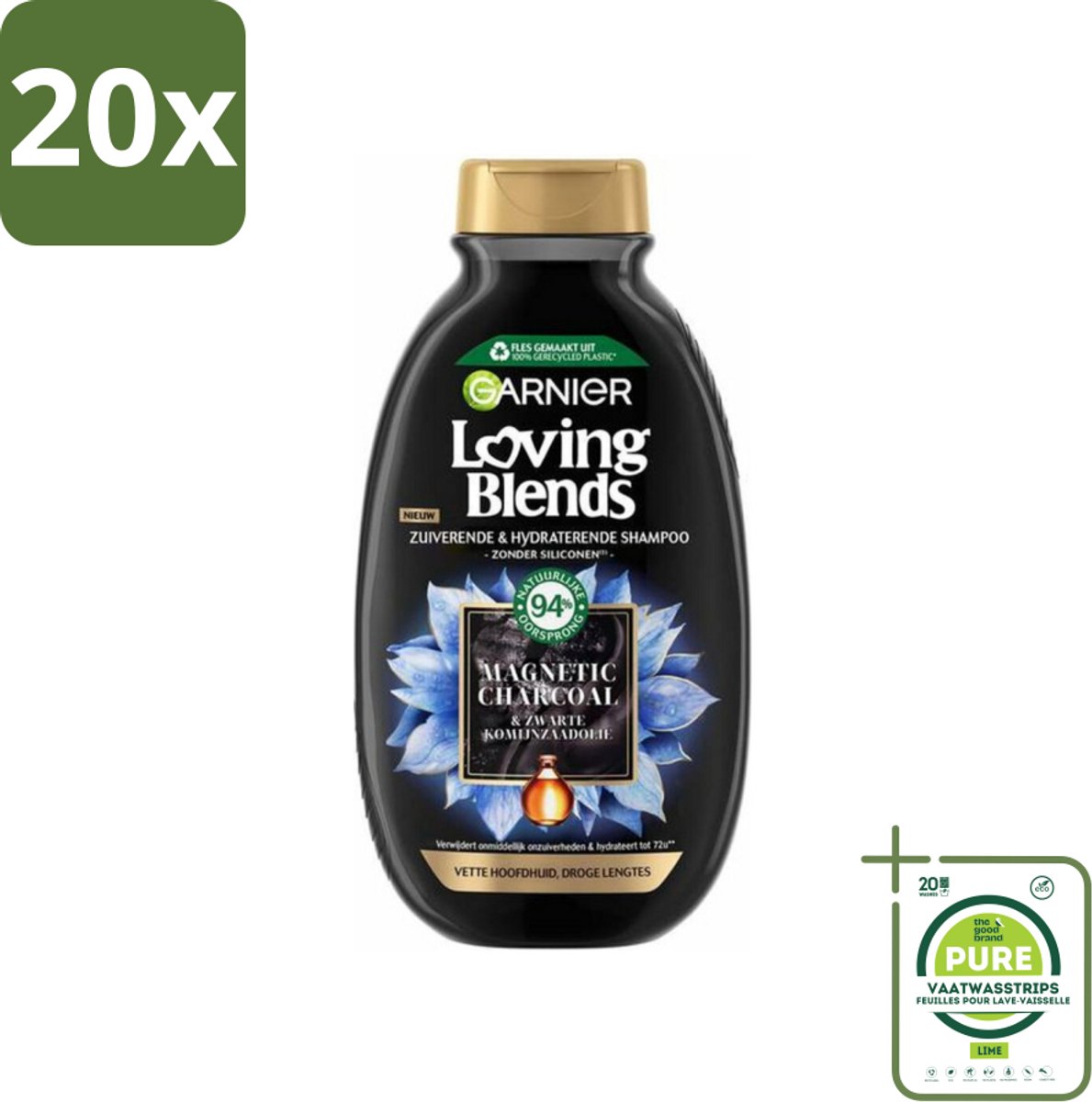 20 x Garnier Loving Blends Magnetic Charcoal Shampoo 300 ml - Grootverpakking - Shampoo Voor Vette Hoofdhuid - Shampoo Voor Droge Haar - Zuivering Hoofdhuid - Hydraat Haar - Charcoal Shampoo