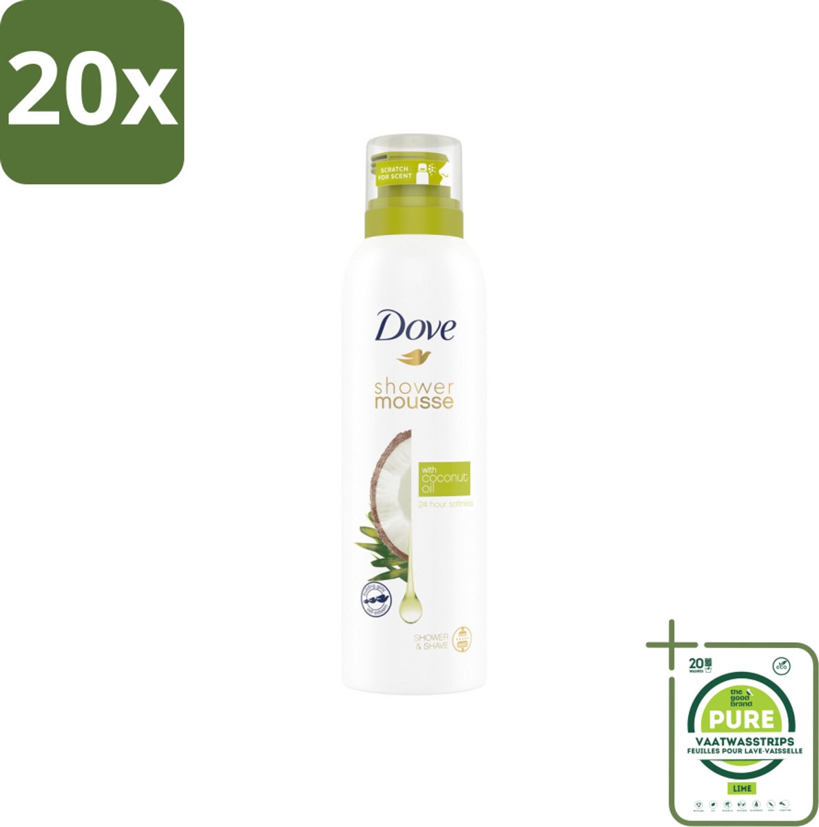 20 x Dove Shower Foam Coconut Oil 200 ml - Grootverpakking - Douche Mousse - Kokosolie Douche - Huid Verzorging - Scheer Mousse - Huid Hydraatatie