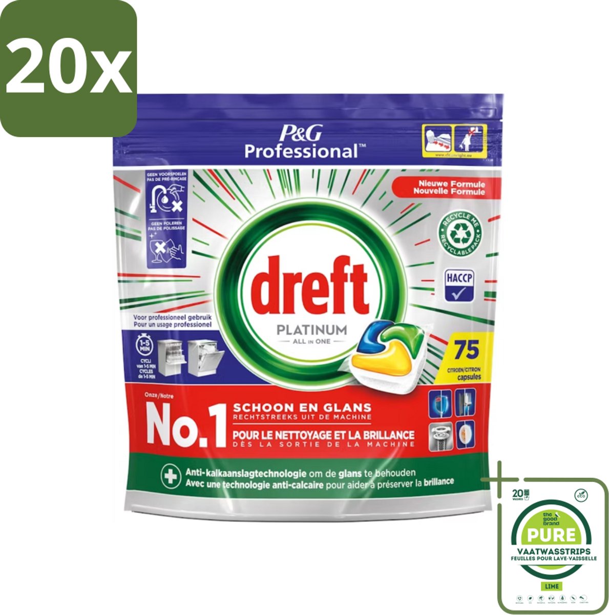 20 x Dreft Professional - Platinum All In One - Vaatwascapsules - Citroen - Antikalkaanslag - 75 Capsules - Grootverpakking - Vaatwassen - Vaatwasser - Vaatwasmiddel - Kalkaanslag - Reinigingsmiddel