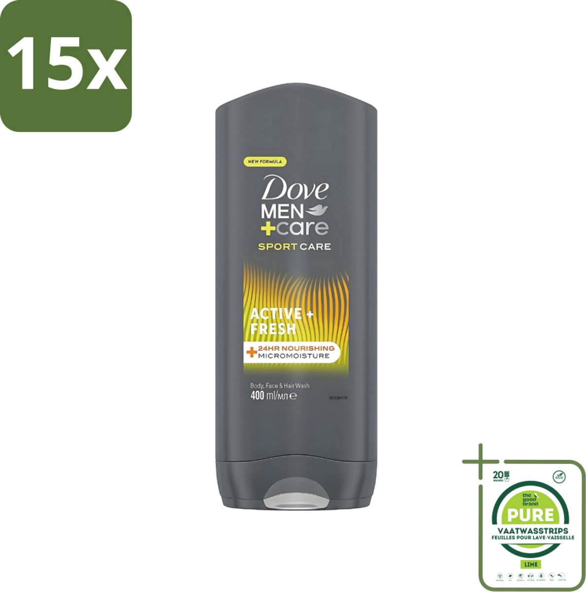15 x Dove - Douchegel - Men+ Care Active Fresh - Verfrissend en langdurige bescherming - 400 ml - Grootverpakking - Douchegel - Frisse Geur - Actieve Mannen - Energie - Huid Reinigen