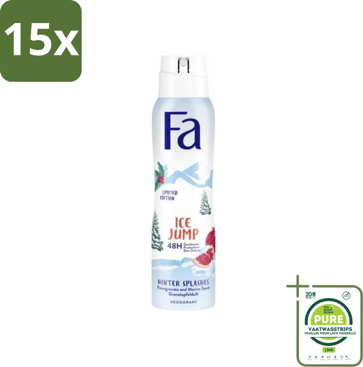 15 x Fa - Deodorant Spray - Winter Splashes Ice Jump - Koel - 48 uur Bescherming - 150 ml - Grootverpakking - Deodorant Spray - Winter Splashes Ice Jump - 48 Uur Bescherming - Koel - Fris