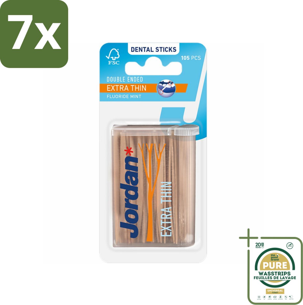7 x Jordan Tandenstokers Double Ended Extra Thin 105 stuks per verpakking - Grootverpakking - Tandenstokers - Interdentale Ruimtes - Tanden Reinigen - Tandplak Verwijderen - Fluoride
