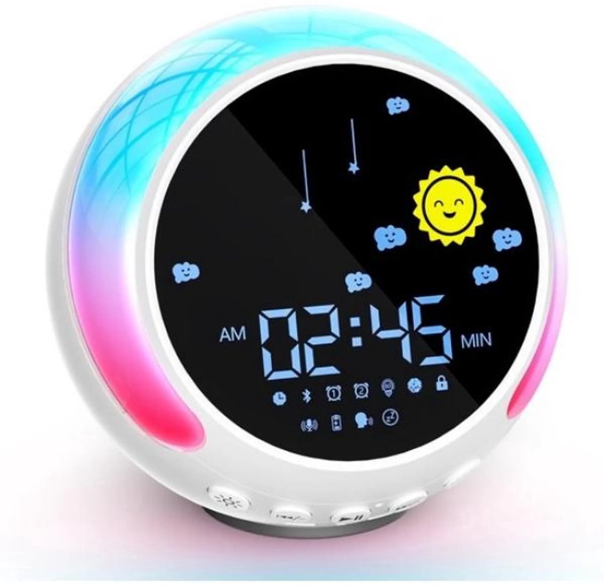 Digitale wekker - Wekker kinderen - Slaaptrainer - Nachtlampje - Bluetooth snooze wekker voor kinderen met white noise - dimbare - 11 lichtkleuren - met luidspreker en opnamefunctie - Lichtwekker voor schoolbeginners - Slaapwekker