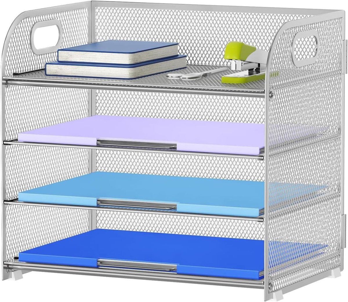 Organiser voor Bureau met 4 Laag Letterpapier Tray en Handvat, Mesh Inlaat voor A4 Documentopslag en Kantooraccessoires