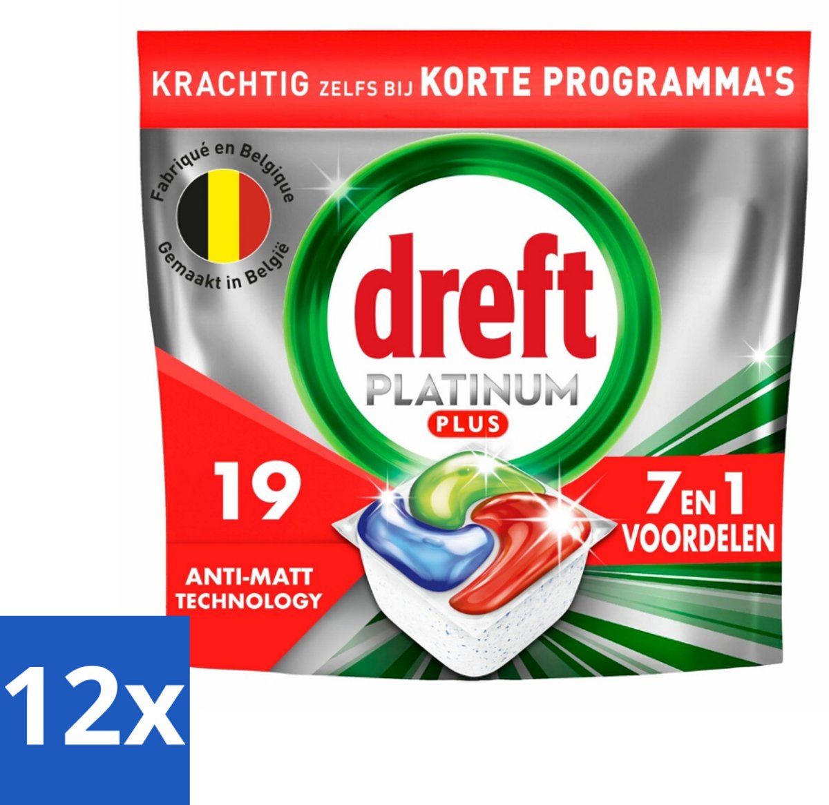 12 x Dreft - Vaatwastabletten - Platinum Plus All-in-One - Krachtige reiniging - 19 Tabletten - Vaatwastabletten - Vaatwasser Capsules - Glans - Schoonmaak - Vetverwijdering