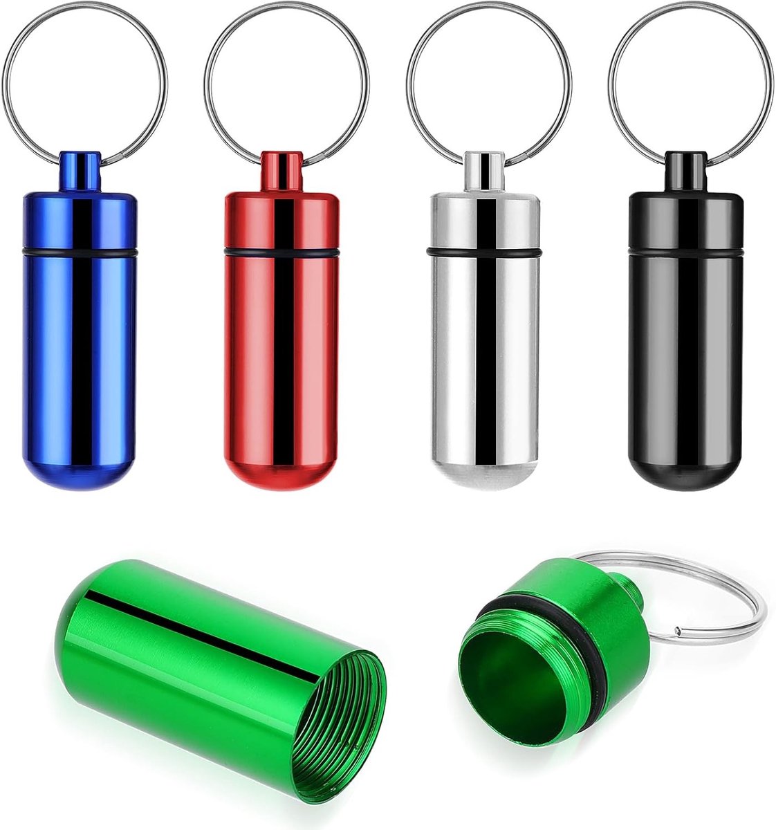 5 Pack Aluminium Kleine Pocket Pillendoos met Sleutelhanger, Draagbare Waterdichte Medicijn Organizer voor Kamperen en Reizen, Multicolor en Handig voor Buitenactiviteiten