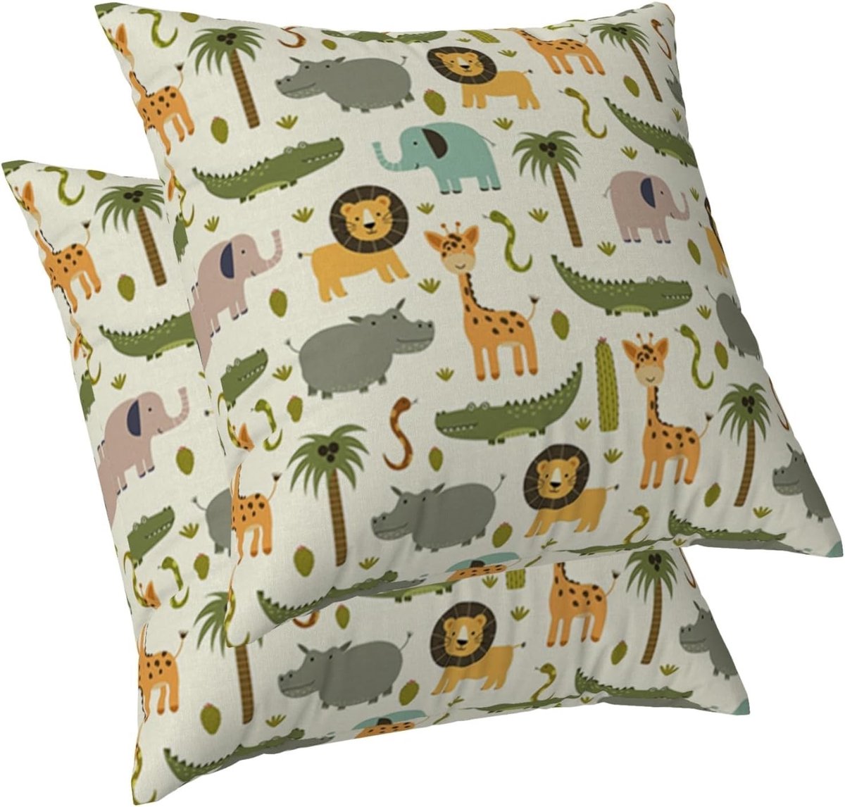Kussenhoezen met Jungle Dierenprint voor Kinderen, Kleurrijke Cartoon Motieven, Decoratieve Linnen Kussens voor Kinderkamer, 50 x 50 cm, Set van 2