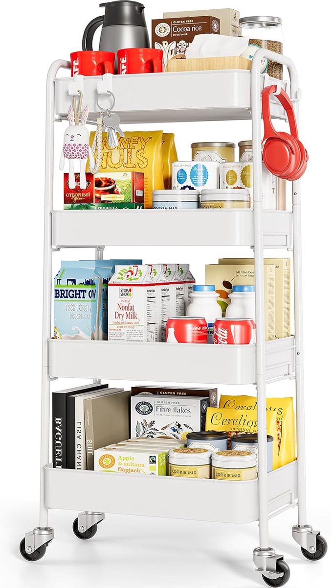 KINGRACK 4-laags metalen opbergtrolley op wielen, Beauty Book Craft Tea Art Trolley voor thuis badkamer keuken - ShopVlot