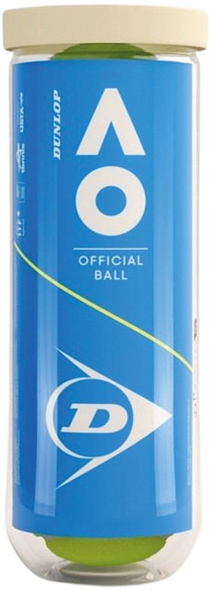 Dunlop Australian Open tennisballen in blauwe verpakking met gele lijn. Een tennisbal met AO-logo zichtbaar in de verpakking.