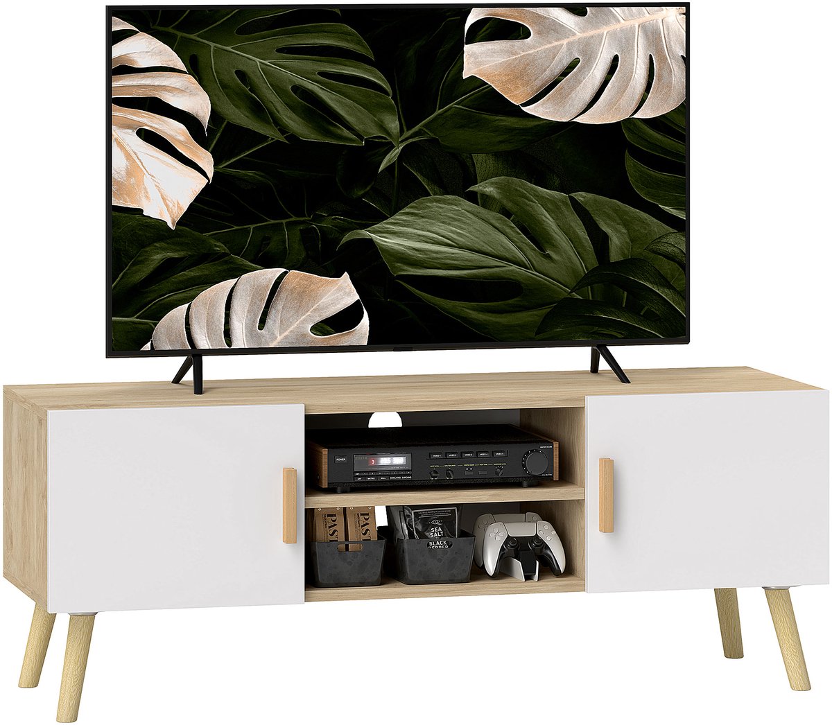 TV-meubel, TV-meubel met verstelbare plank, voor tv's tot 50 inch, lengte 110 cm, Mid-Century Modern, voor woonkamer, slaapkamer, Met legplank, 2 opbergkasten en kabeldoorvoeren, eikenkleurig