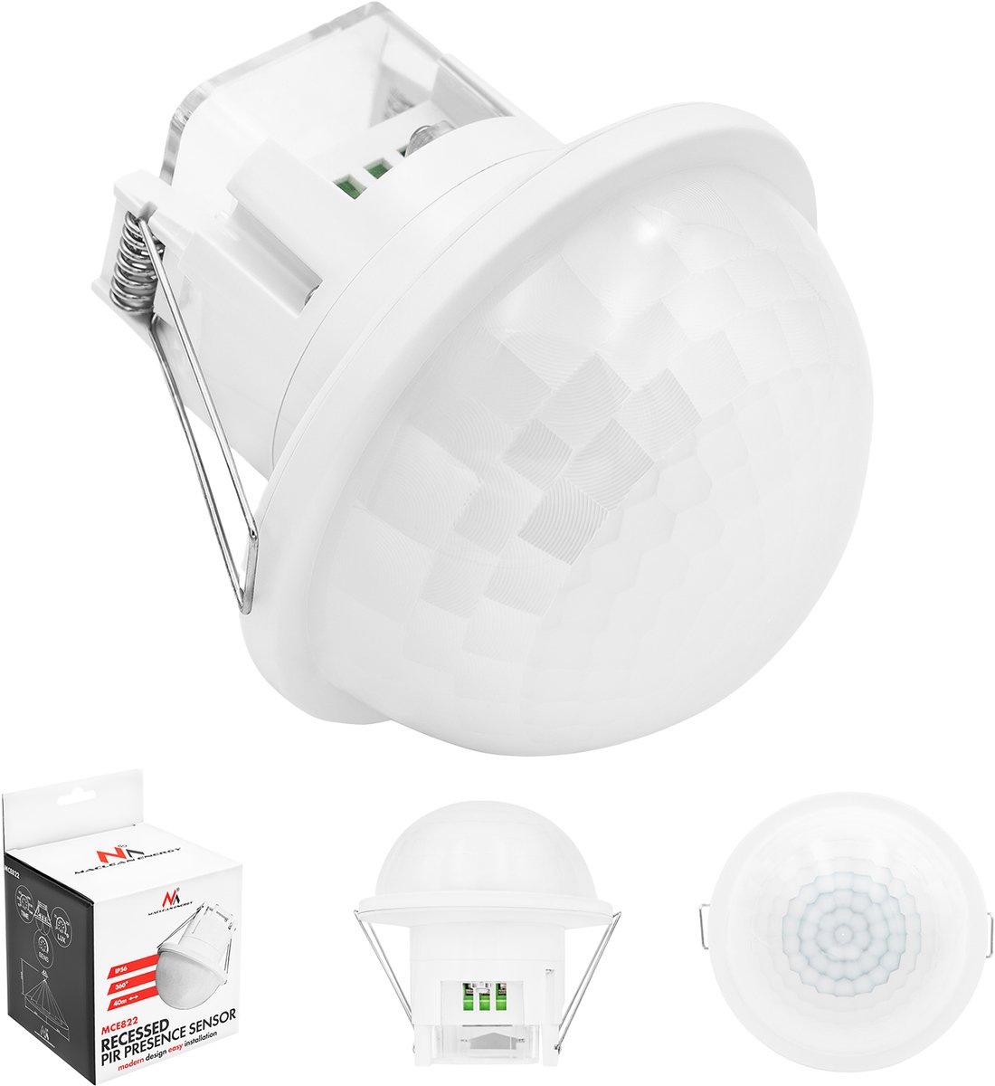 Maclean PIR-aanwezigheidssensor, inbouwmodel, bereik 10x40 m, 1000 W/2000 W, 220-240 V AC, 50/60 Hz, IP54, MCE822