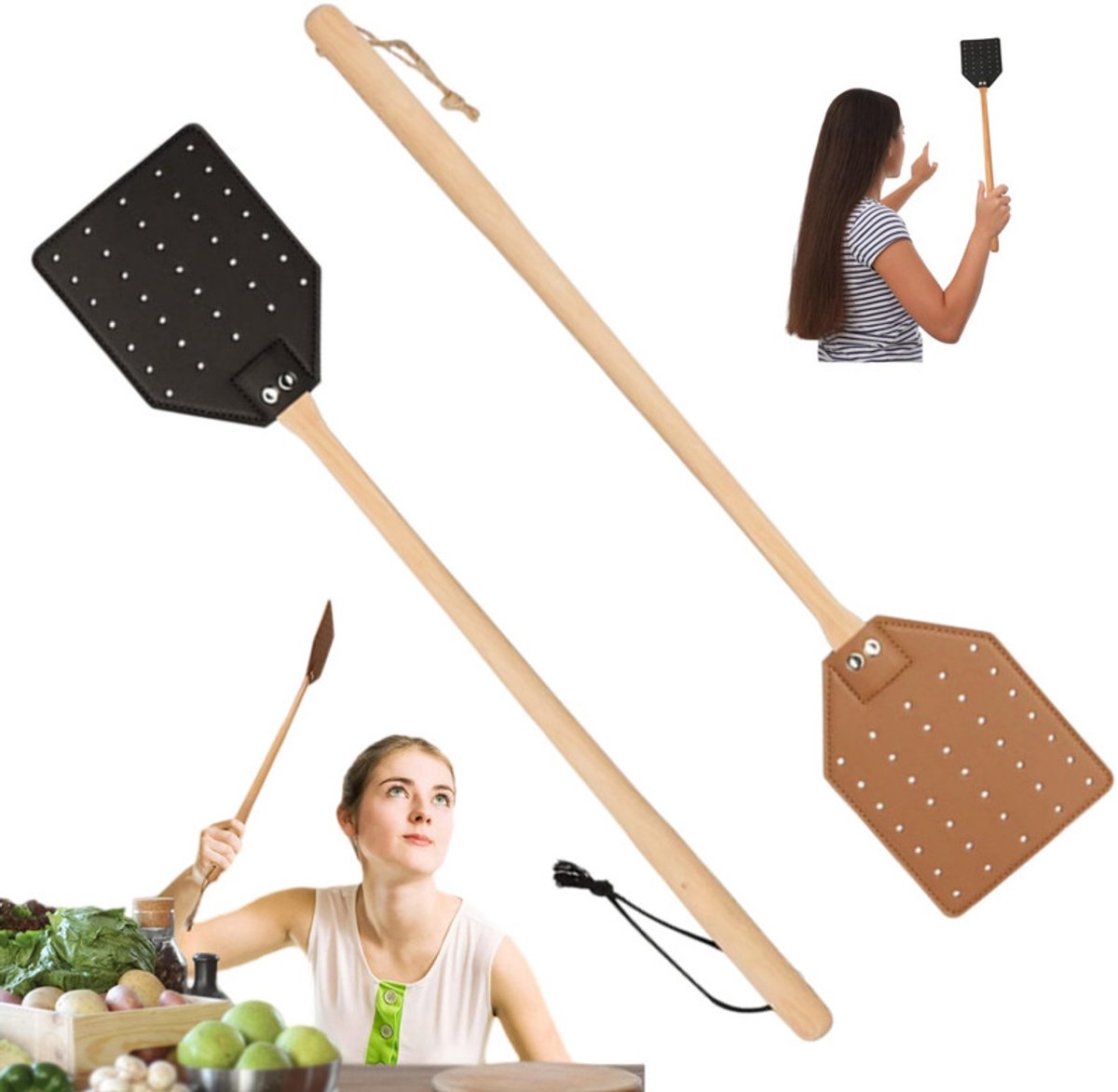 Set van 2 leren vliegenmeppers –Vliegenmepper- Robuuste handmatige meppers – Met lange houten steel – Duurzaam ontwerp – Geschikt voor gebruik in en om het huis – 50 x 10 cm