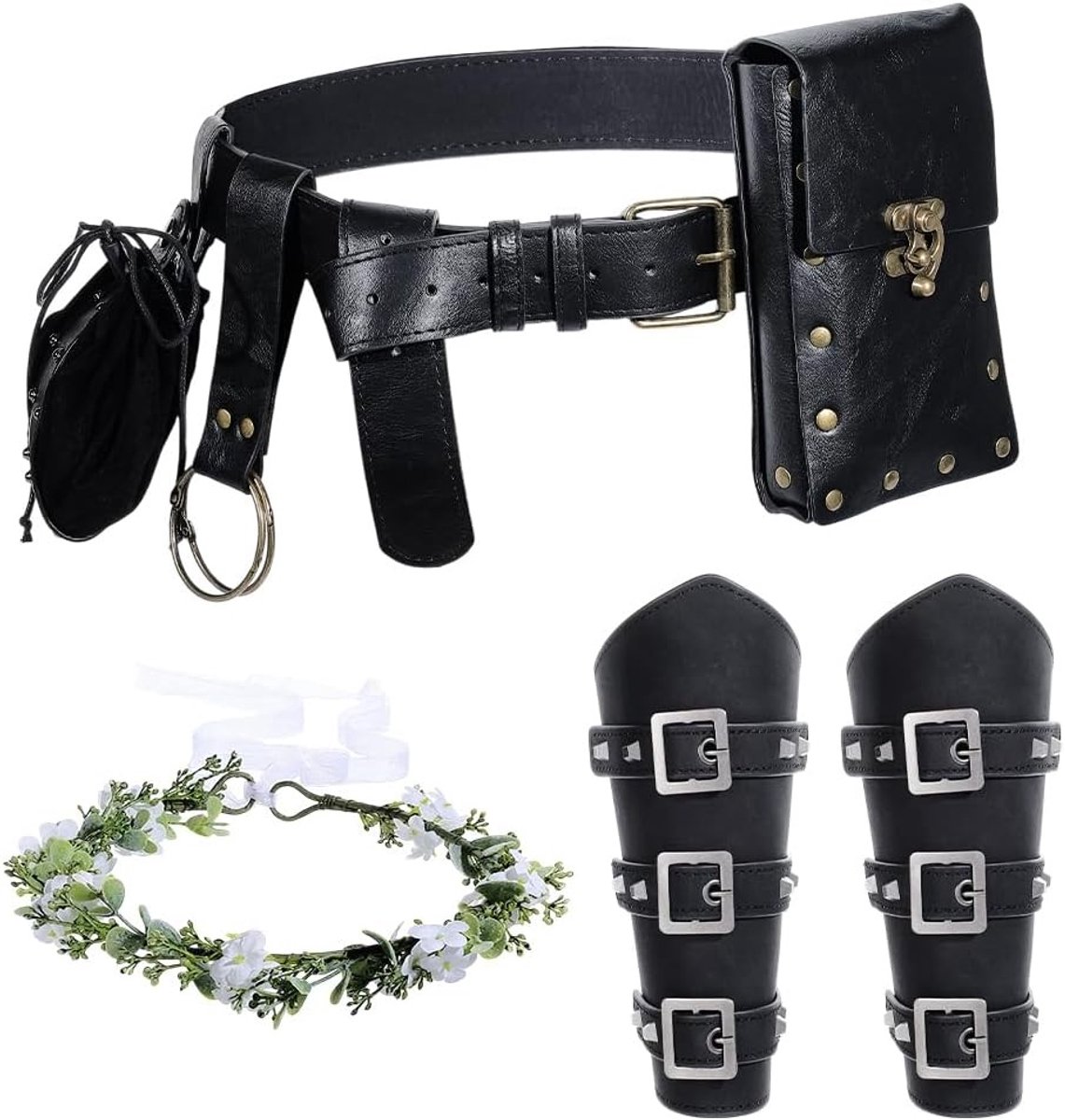 Middeleeuwse Heuptas met Viking Armbanden en Bloemenkroon - Vintage Kostuumset voor Festival en LARP Cosplay