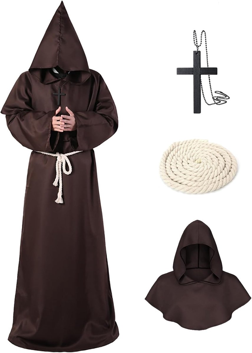 Medieval Monniks Robe met Kap en Kruis, Perfect voor Halloween, Themafeesten en Cosplay, Comfortabele Kostuums voor Mannen