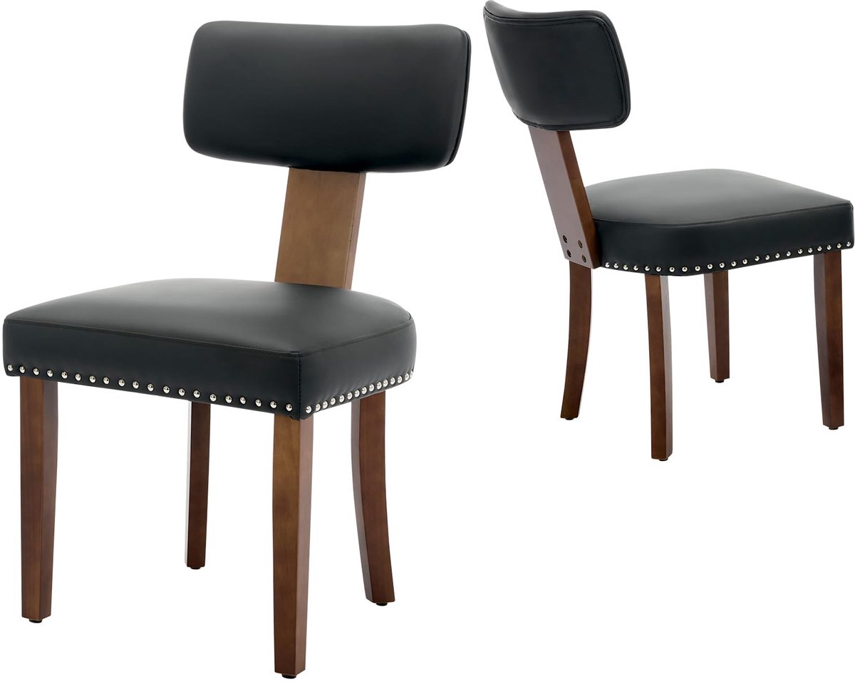 Triumpunpre - Set van 2 Eetkamerstoelen - Mid‑Century Moderne Gestoffeerde Stoelen - Houten Frame - Ergonomische Rugleuning voor Keuken en Eetkamer - Lederen Klinknagels | Zwart