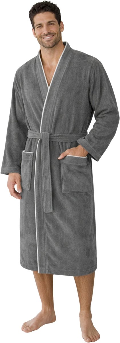 Elzusha - Lange Katoenen Badjas met Velours en Kimono Kraag